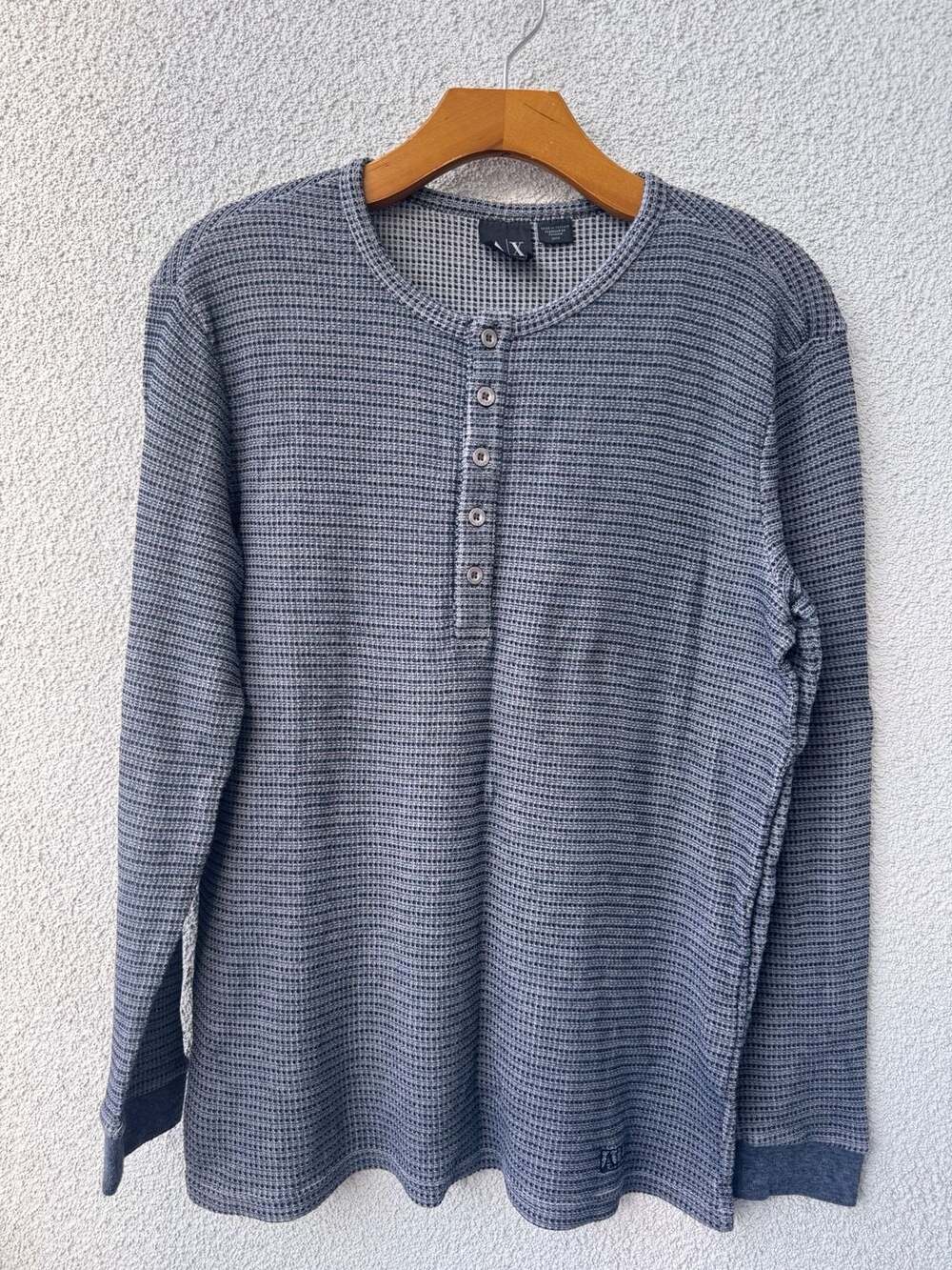 Armani Exchange Blue Waffle-Knit Long Sleeve Henley Shirt Size M